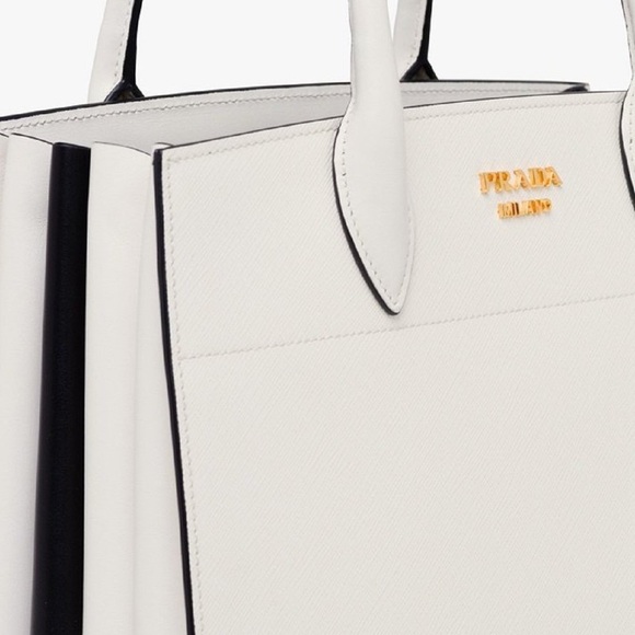 Prada Saffiano City Leather White Bag Black Trim Bibliothèque Tote Bag - Picture 7 of 10
